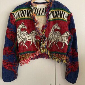 Vintage Cache Size S Cropped Sweater with Fringed Edges and Zebras